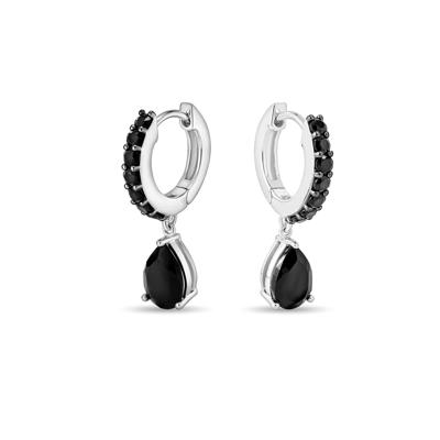 Onyx Drop Huggie Hoop Earrings in Sterling Silver