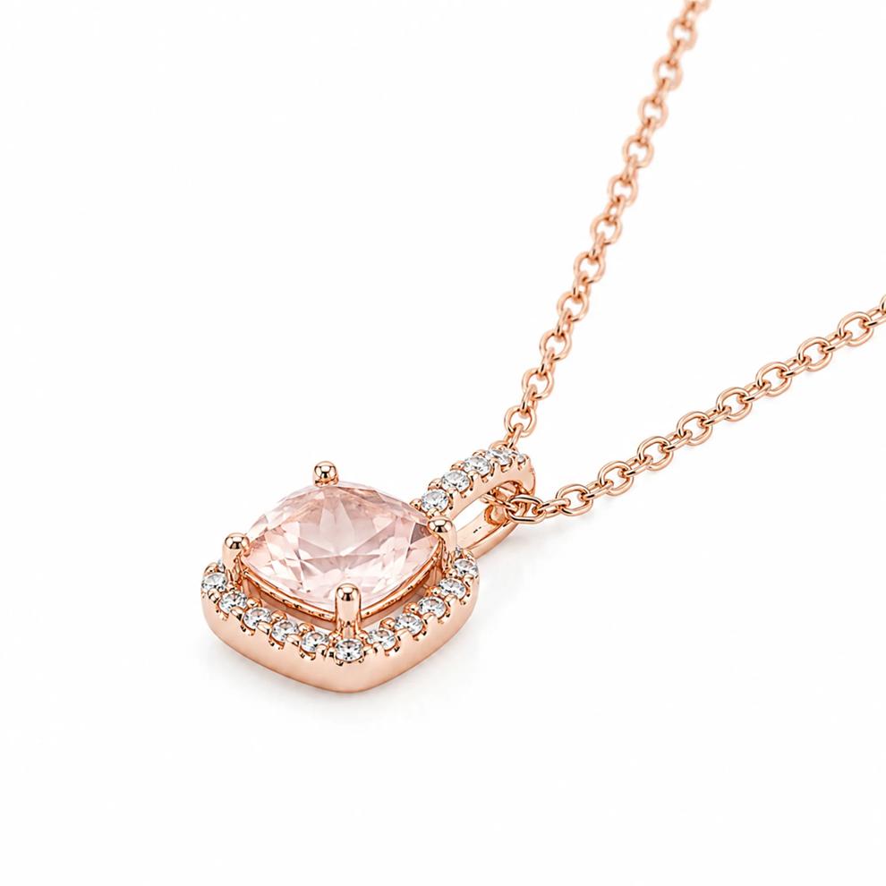 Morganite &amp; Diamond Halo Pendant in 10K Rose Gold (1/8 ct. tw.) – Image 2 of 4