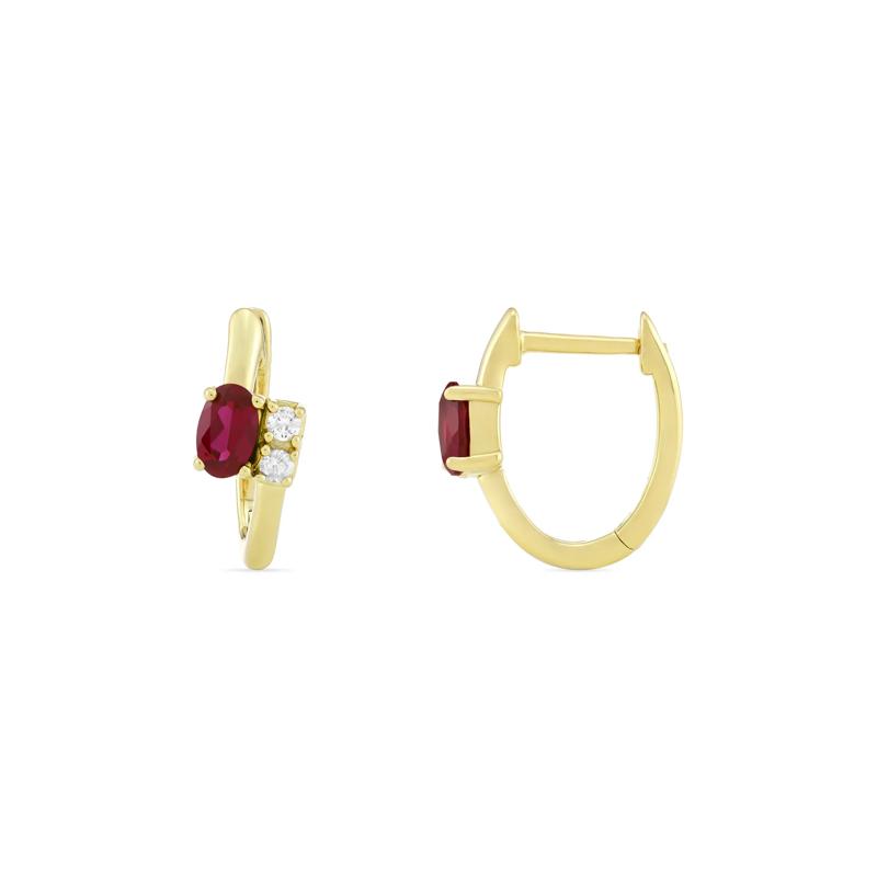 Lab-Created Ruby and Diamond Accent Huggie Hoop Earrings in 10K Yellow Gold – Image 2 of 2