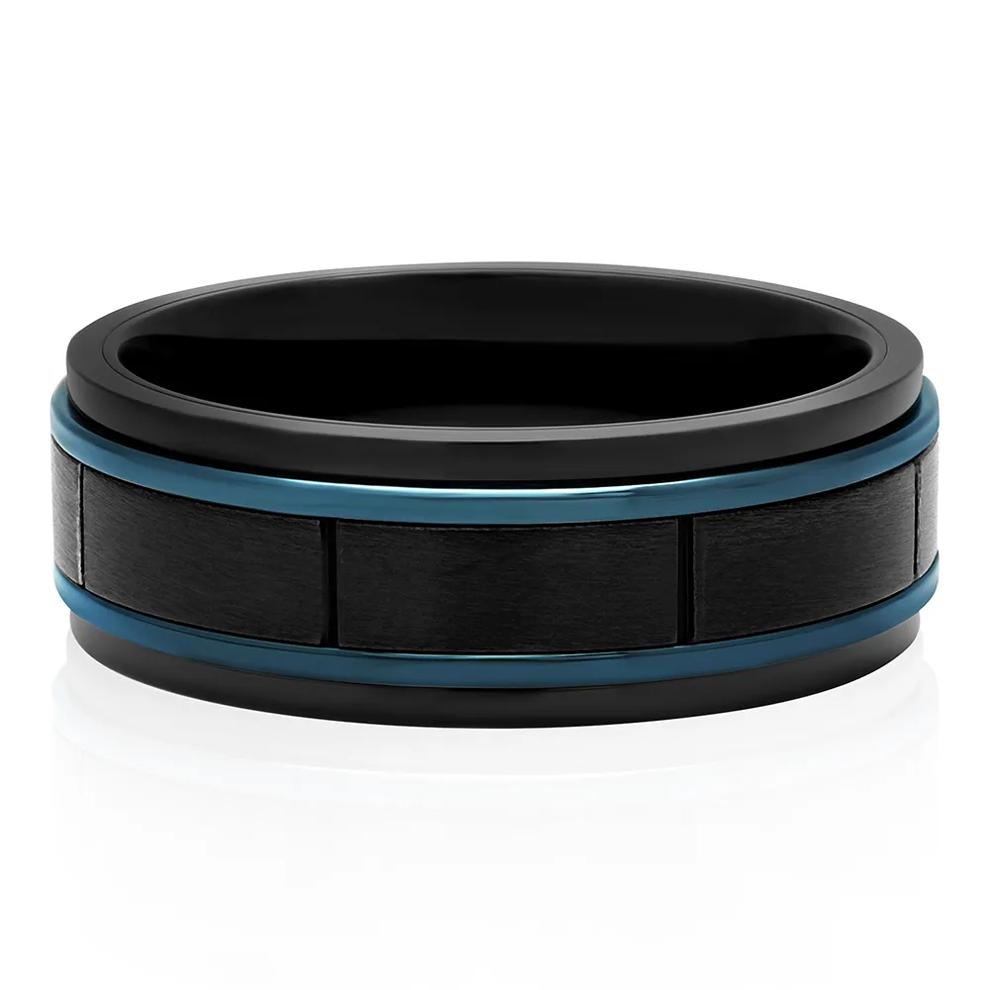 Men&rsquo;s Block Pattern Ring in Blue &amp; Black Ion-Plated Stainless Steel, 8mm – Image 1 of 3