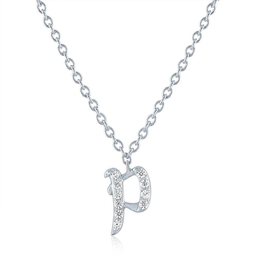 Diamond Accent Gothic Script P Initial Pendant in Sterling Silver  – Image 1 of 3