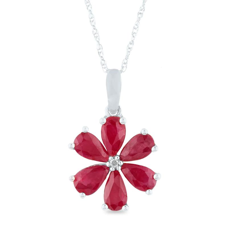 Ruby and Diamond Accent Flower Pendant in 10K White Gold  – Image 1 of 3