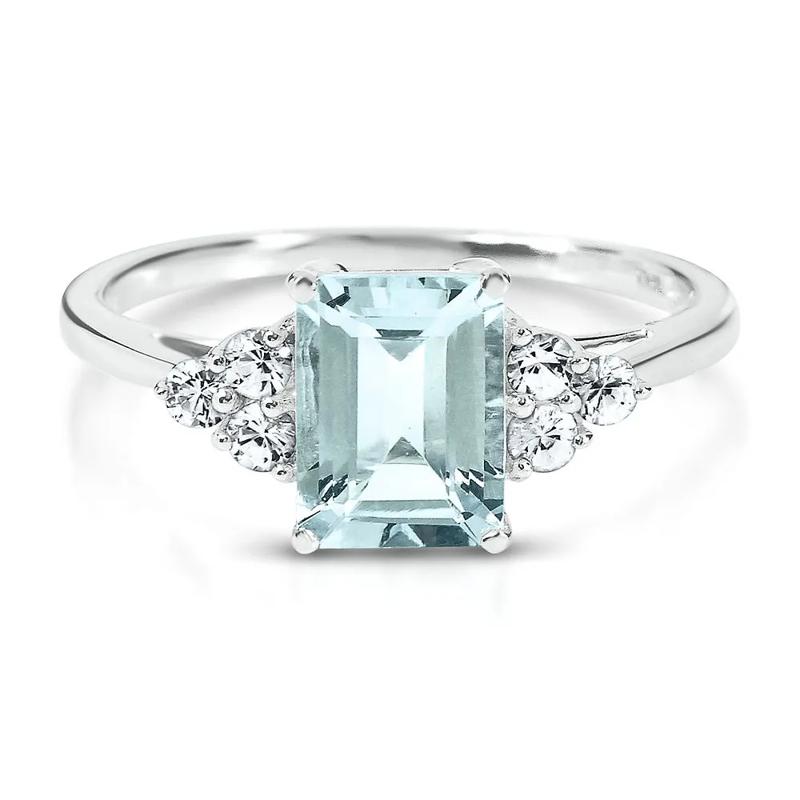 Aquamarine &amp; Lab Created White Sapphire Ring in 10K White Gold – Image 1 of 1