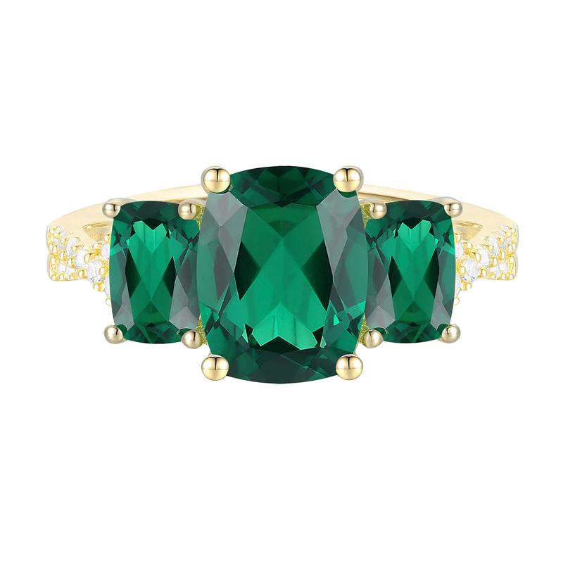 Lab-Created Emerald &amp; Diamond Three-Stone Ring in 10K Yellow Gold (1/10 ct. tw.) – Image 1 of 3