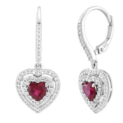 Lab-Created Ruby & Lab-Created White Sapphire Heart-Shaped Drop Earrings in Sterling Silver