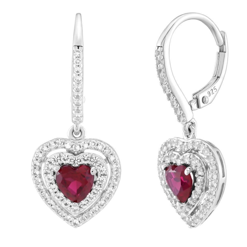 Lab-Created Ruby &amp; Lab-Created White Sapphire Heart-Shaped Drop Earrings in Sterling Silver – Image 1 of 1