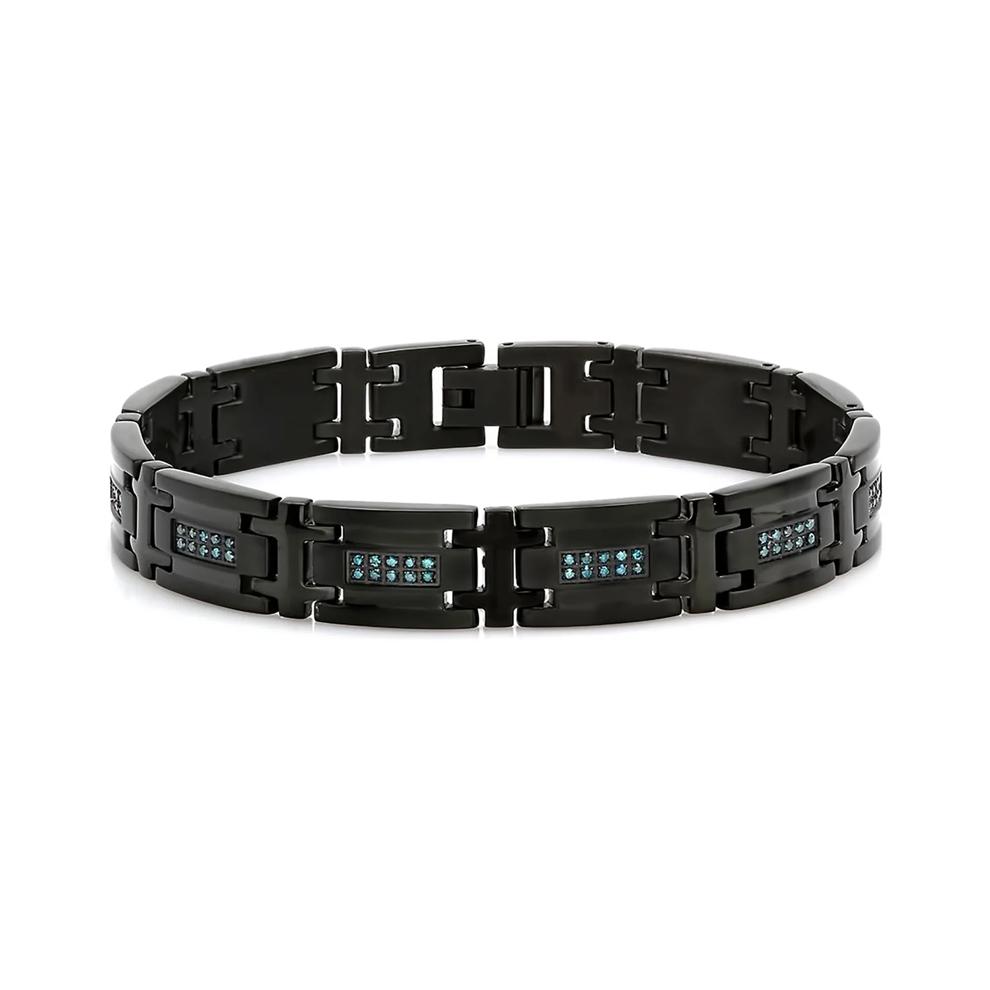 Men&rsquo;s Blue Diamond Link Bracelet in Black Ion-Plated Stainless Steel (1/2 ct. tw.) – Image 1 of 2