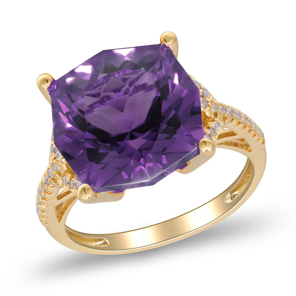 Cushion-Cut Amethyst &amp; Diamond Ring in 14K Yellow Gold (1/8 ct. tw.) – Image 4 of 4