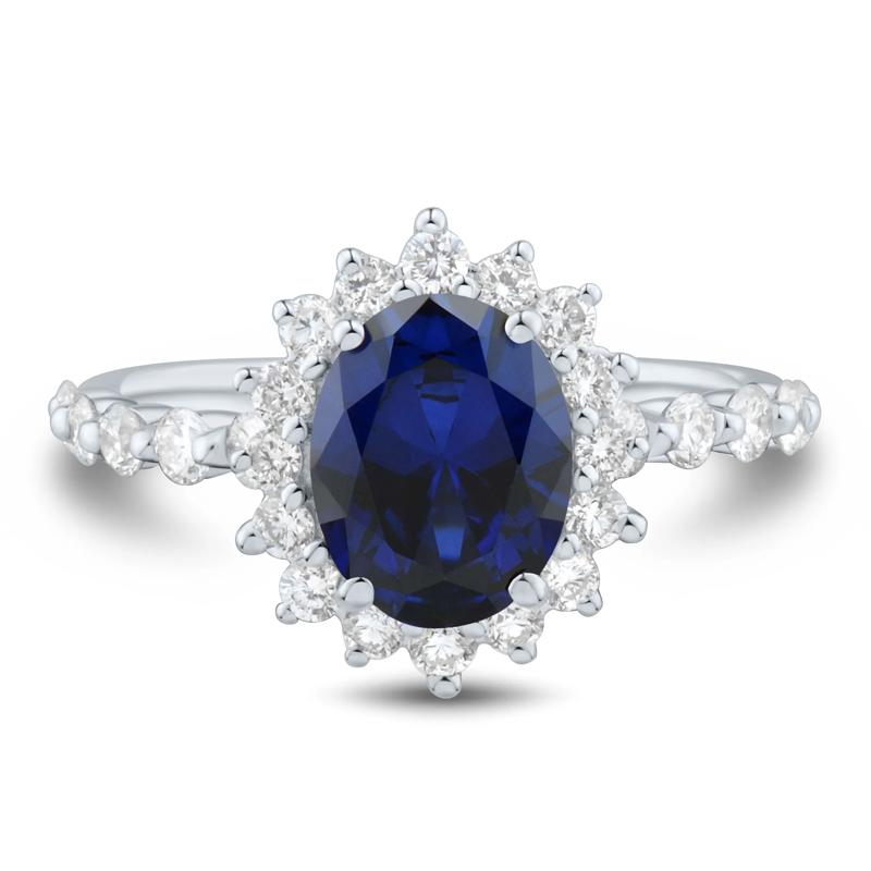 Lab-Created Blue Sapphire and Lab Grown Diamond Halo Ring in 10K White Gold &#40;5/8 ct. tw.&#41; – Image 1 of 3