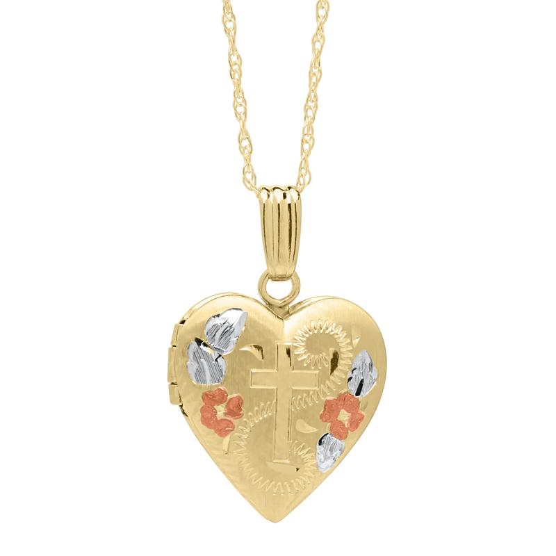 Heart-Shaped Floral Cross Locket Pendant in 14K Yellow Gold – Image 1 of 4