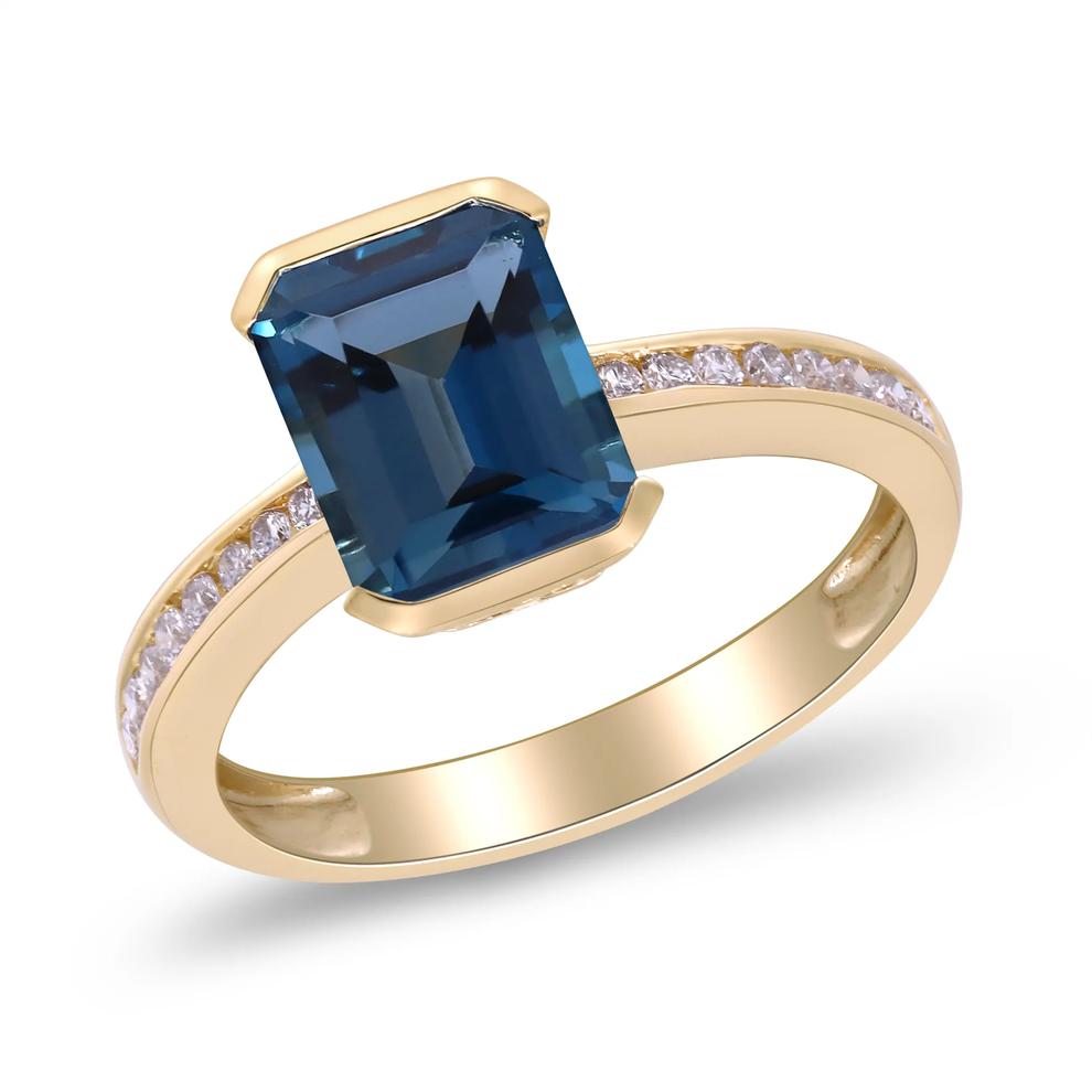 Emerald-Cut London Blue Topaz &amp; Diamond Ring in 10K Yellow Gold (1/5 ct. tw.) – Image 4 of 4
