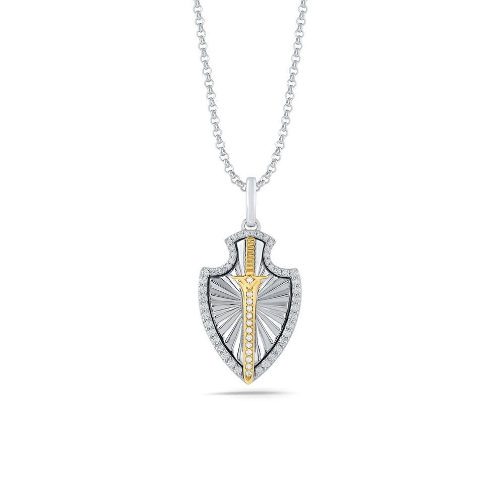 Men's Diamond Shield &amp; Sword Pendant Necklace in Sterling Silver &amp; 10K Yellow Gold (1/3 ct. tw.) – Image 1 of 4