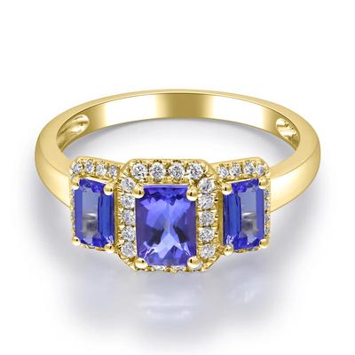 Tanzanite & Diamond Halo Three-Stone Ring in 10K Yellow Gold (1/5 ct. tw.)