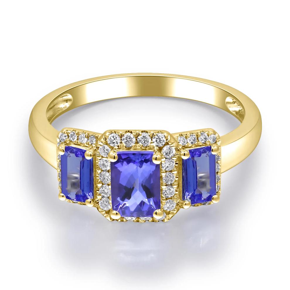 Tanzanite &amp; Diamond Halo Three-Stone Ring in 10K Yellow Gold (1/5 ct. tw.) – Image 1 of 4