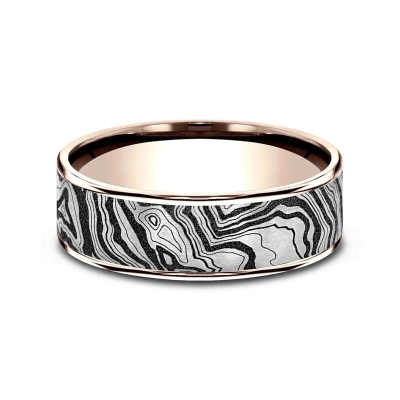 Men&rsquo;s Topography Pattern Wedding Band in Titanium &amp; 14K Gold, 7.5MM – Image 1 of 3