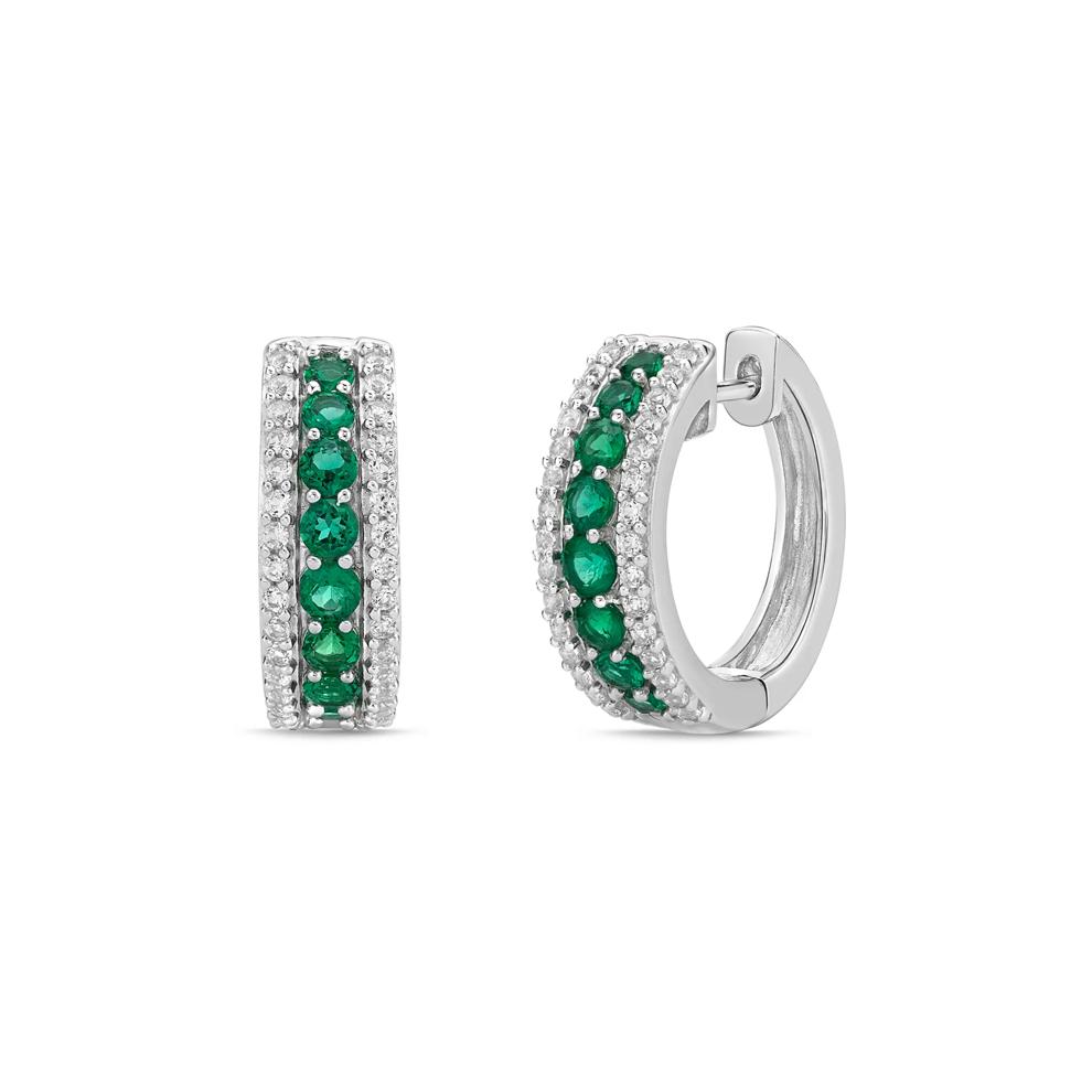 Lab-Created Emerald and Lab-Created White Sapphire Graduated Hoop Earrings in Sterling Silver – Image 1 of 1