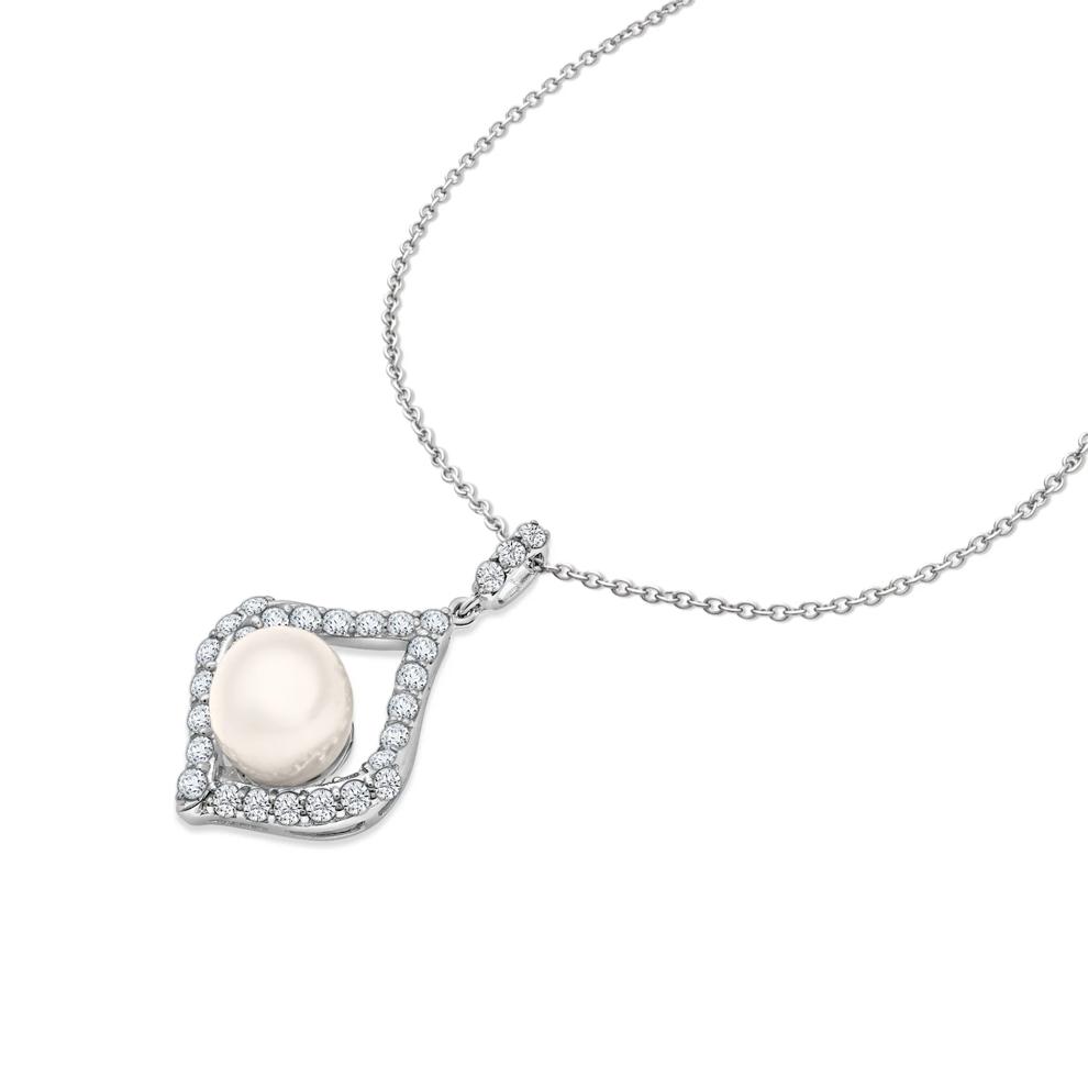 Freshwater Cultured Pearl &amp; Lab-Created White Sapphire Open Drop Pendant in Sterling Silver – Image 4 of 4