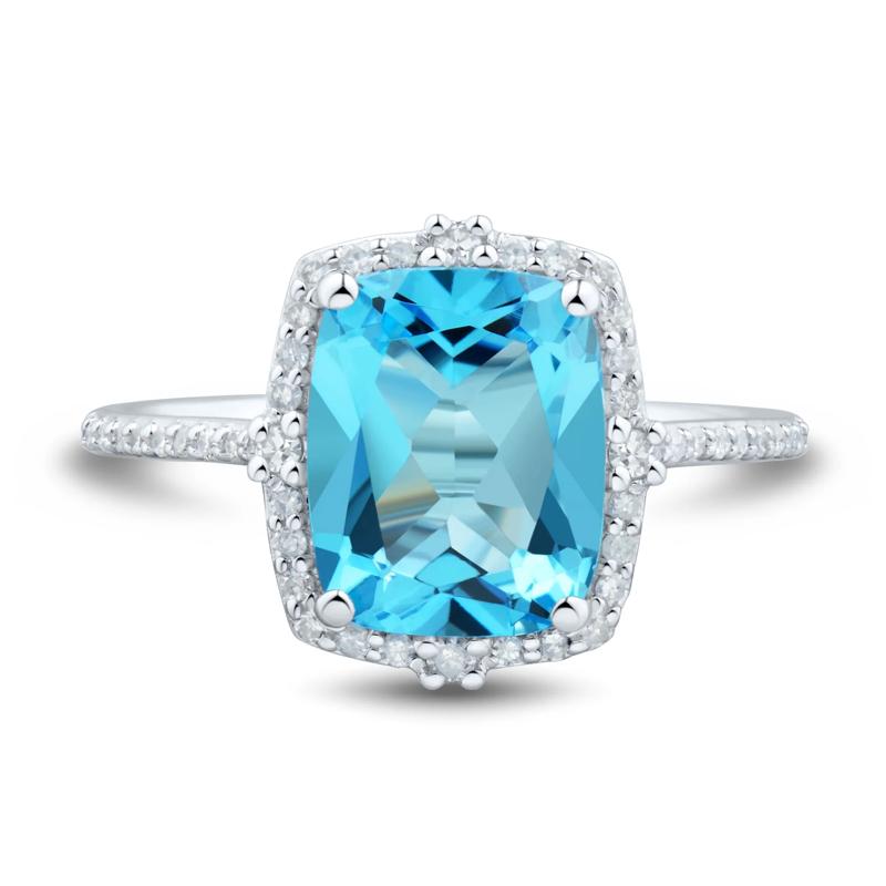 Blue Topaz Cushion-Cut Diamond Halo Ring in 10K White Gold &#40;1/5 ct. tw.&#41; – Image 1 of 3