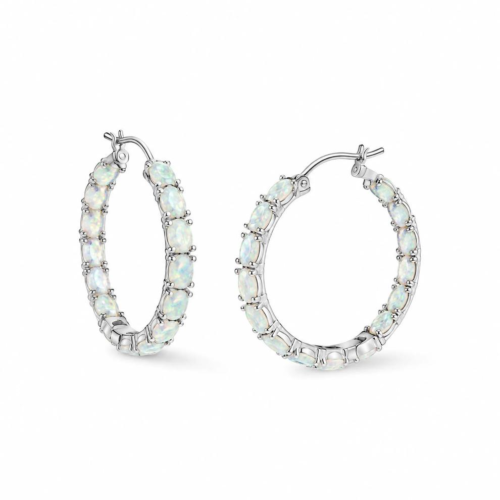 Lab-Created Opal Hoop Earrings in Sterling Silver, 26mm – Image 1 of 2
