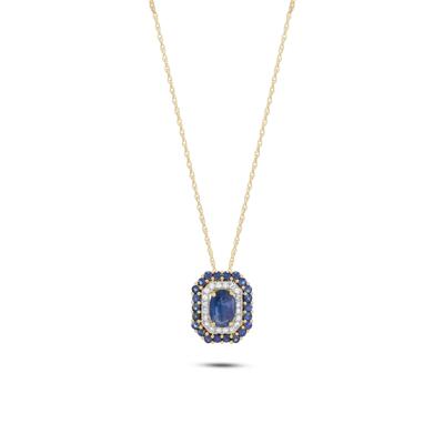 Blue Sapphire & Diamond Accent Double Halo Pendant in 10K Yellow Gold