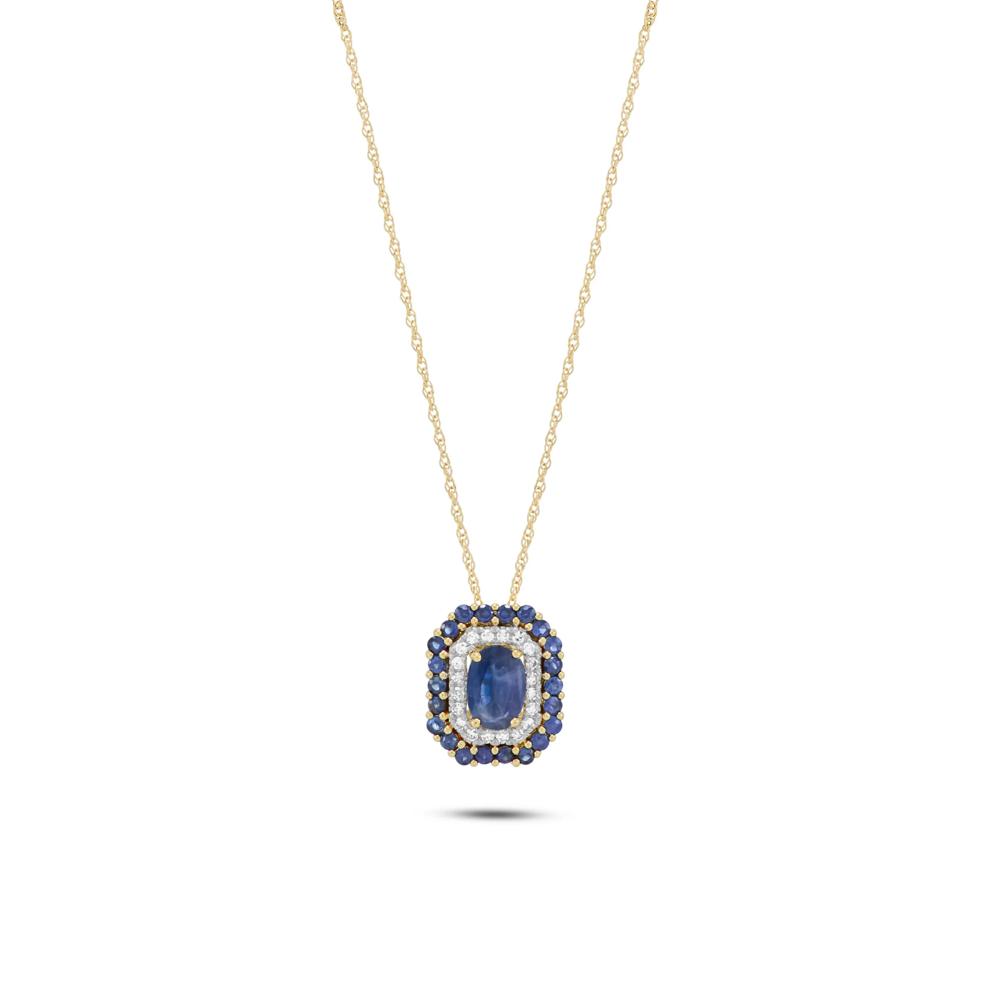 Blue Sapphire &amp; Diamond Accent Double Halo Pendant in 10K Yellow Gold – Image 1 of 4