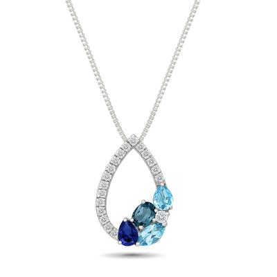 Swiss & London Blue Topaz, Lab-Created Blue Sapphire & Lab-Created White Sapphire Pear Pendant Necklace in Sterling Silver