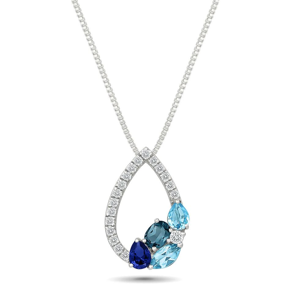 Swiss &amp; London Blue Topaz, Lab-Created Blue Sapphire &amp; Lab-Created White Sapphire Pear Pendant Necklace in Sterling Silver – Image 1 of 4