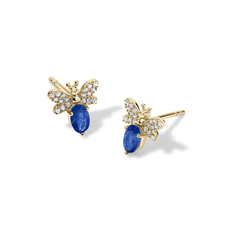 Blue Sapphire &amp; Diamond Bumblebee Stud Earrings in 10K Yellow Gold (1/10 ct. tw.) – Image 1 of 2