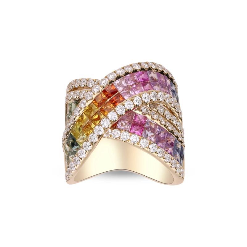 Multi-Colored Square Sapphires &amp; Diamond Ring in 14K Yellow Gold &#40;2 ct. tw.&#41; – Image 2 of 5