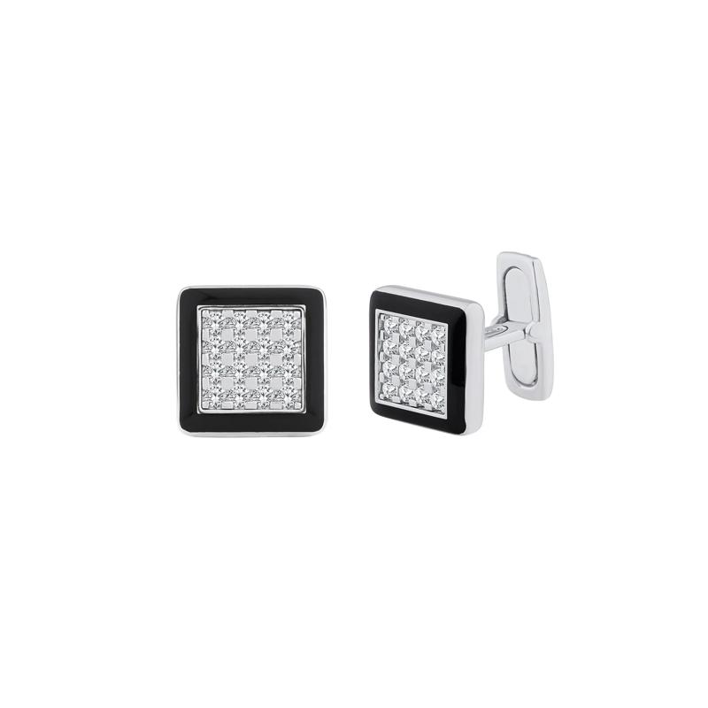 Men&#39;s Lab Grown Diamond Cufflinks in Sterling Silver &amp; Black Enamel &#40;1 ct. tw.&#41; – Image 1 of 2