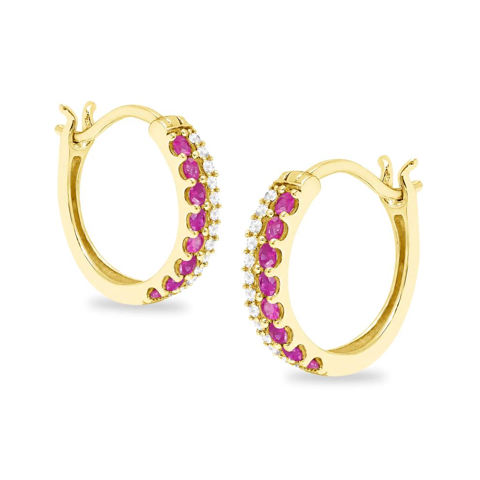 Ruby &amp; Diamond Hoop Earrings in 10K Yellow Gold (1/8 ct. tw.) – Image 1 of 2