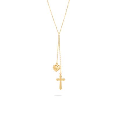 Cross & Heart Lariat Necklace in 14K Yellow Gold, 18"