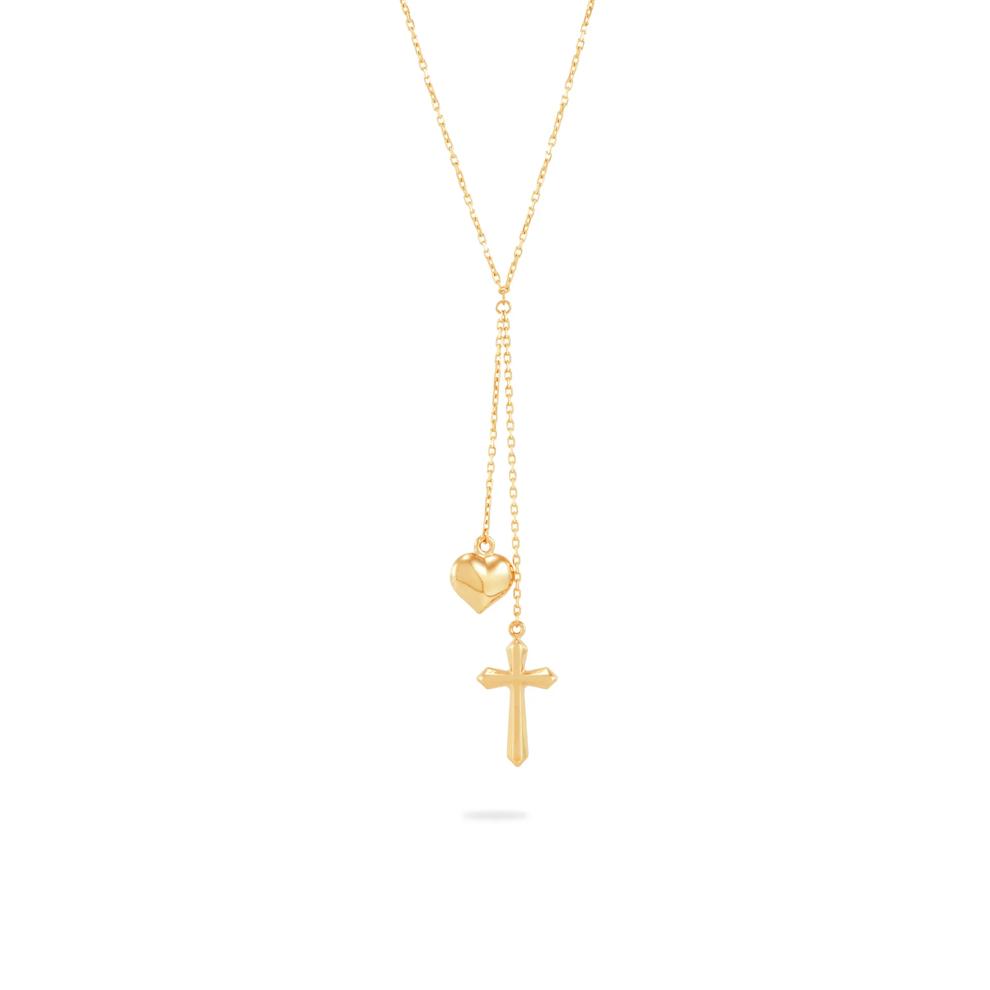 Cross &amp; Heart Lariat Necklace in 14K Yellow Gold, 18" – Image 1 of 4