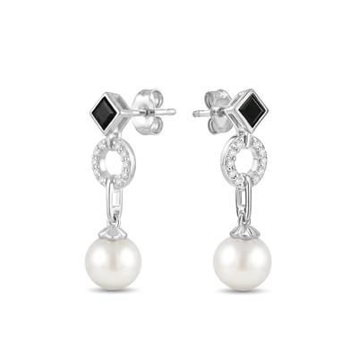 Freshwater Cultured Pearl, Onyx & Lab-Created White Sapphire Drop Earrings in Sterling Silver