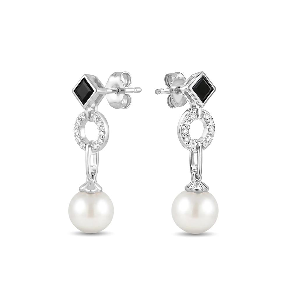 Freshwater Cultured Pearl, Onyx &amp; Lab-Created White Sapphire Drop Earrings in Sterling Silver – Image 1 of 2