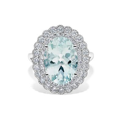 Oval Aquamarine & Diamond Double Halo Ring in 18K White Gold (7/8 ct. tw.)
