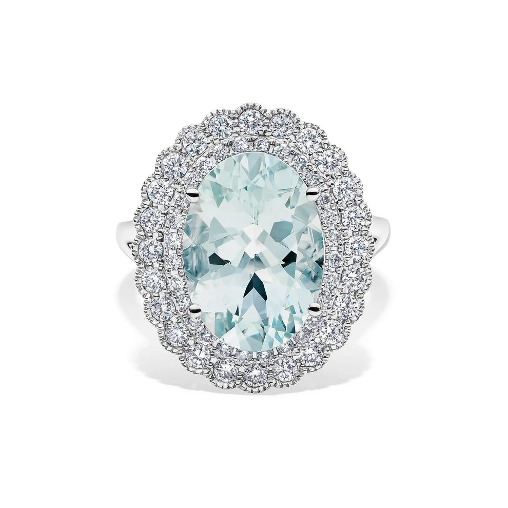 Oval Aquamarine &amp; Diamond Double Halo Ring in 18K White Gold (7/8 ct. tw.) – Image 1 of 2