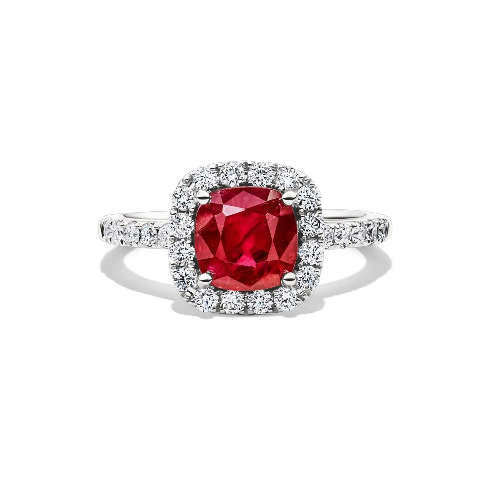 Cushion-Shaped Ruby &amp; Diamond Halo Ring in 14K White Gold (1/2 ct. tw.) – Image 1 of 2