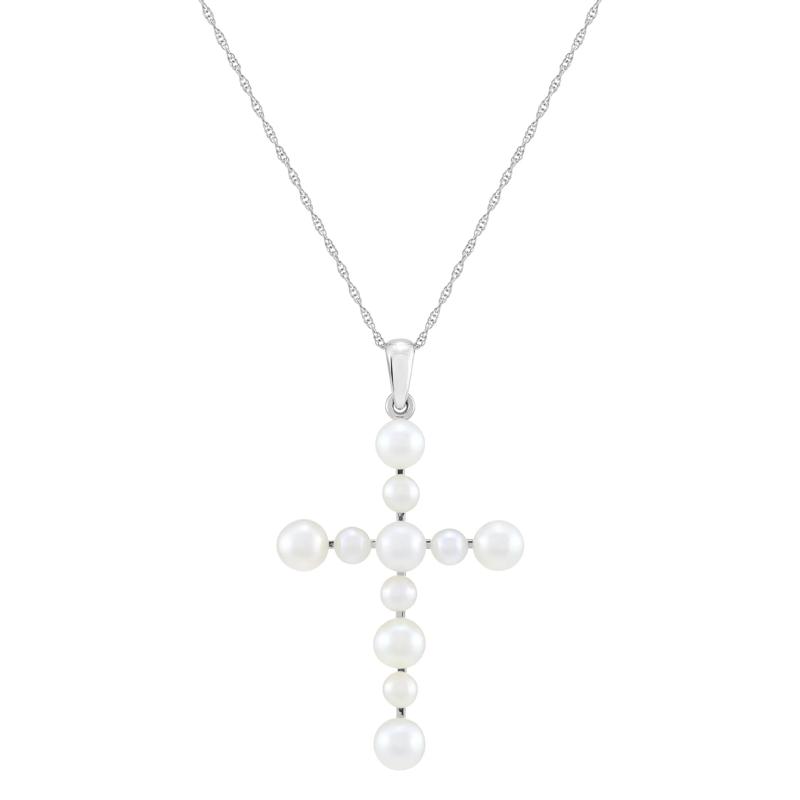 Freshwater Cultured Pearl Cross Necklace in 10K White Gold – Image 1 of 3