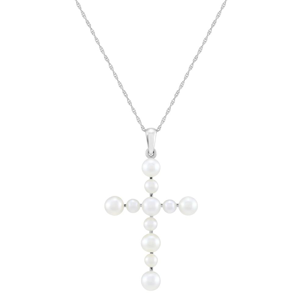 Freshwater Cultured Pearl Cross Necklace in 10K White Gold – Image 1 of 3
