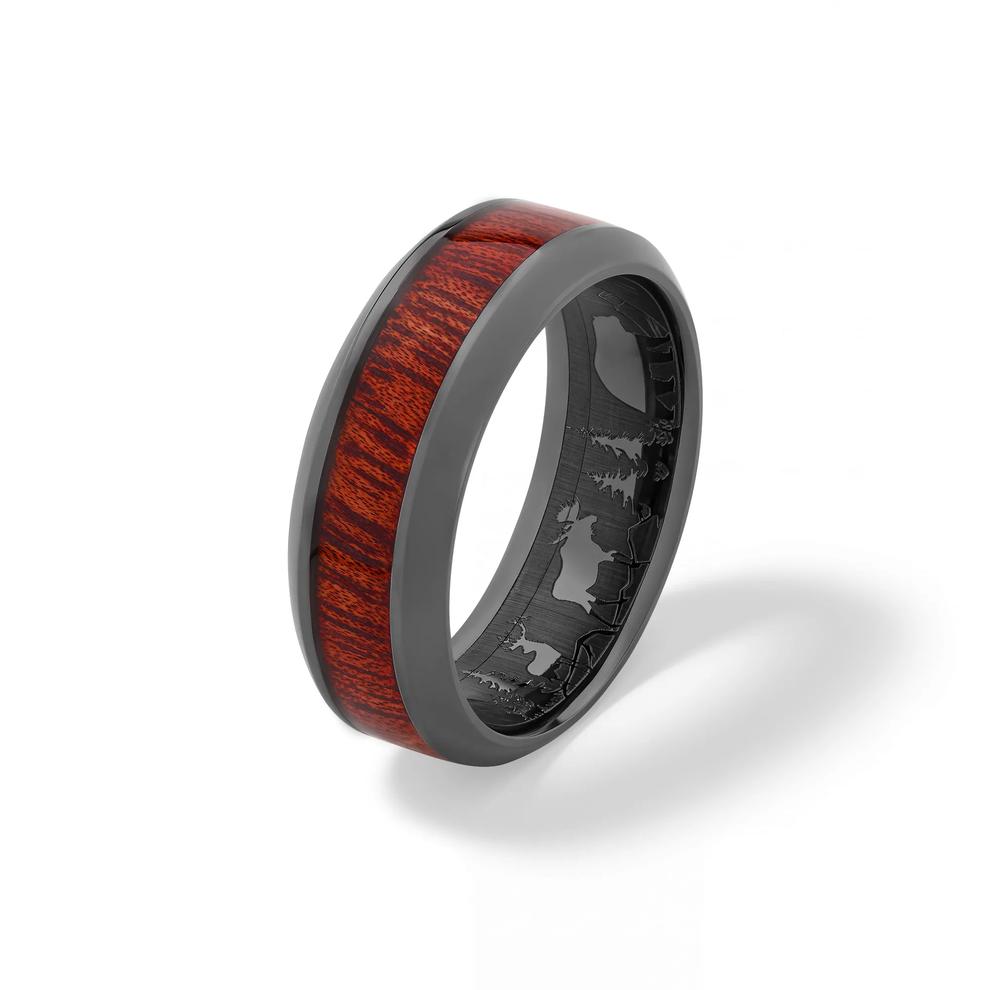 Men's Bloodwood Inlay Band with Engraved Woodland Interior in Zirconium, 8mm – Image 4 of 4