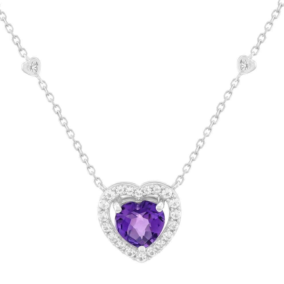 Pink Amethyst &amp; Lab-Created White Sapphire Halo Heart Pendant in Sterling Silver – Image 1 of 3