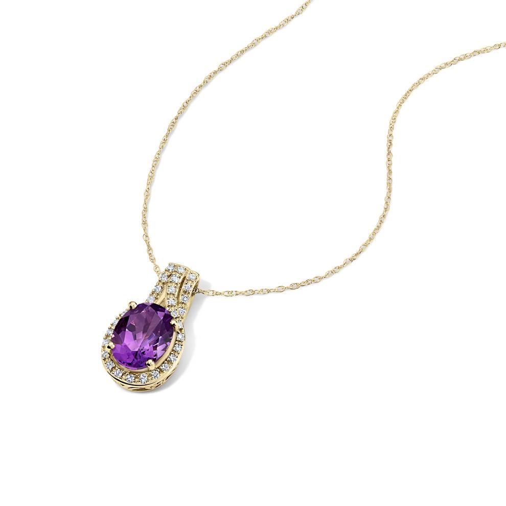 Oval Purple Amethyst &amp; Diamond Pendant Necklace in 10K Yellow Gold (1/8 ct. tw.) – Image 4 of 4