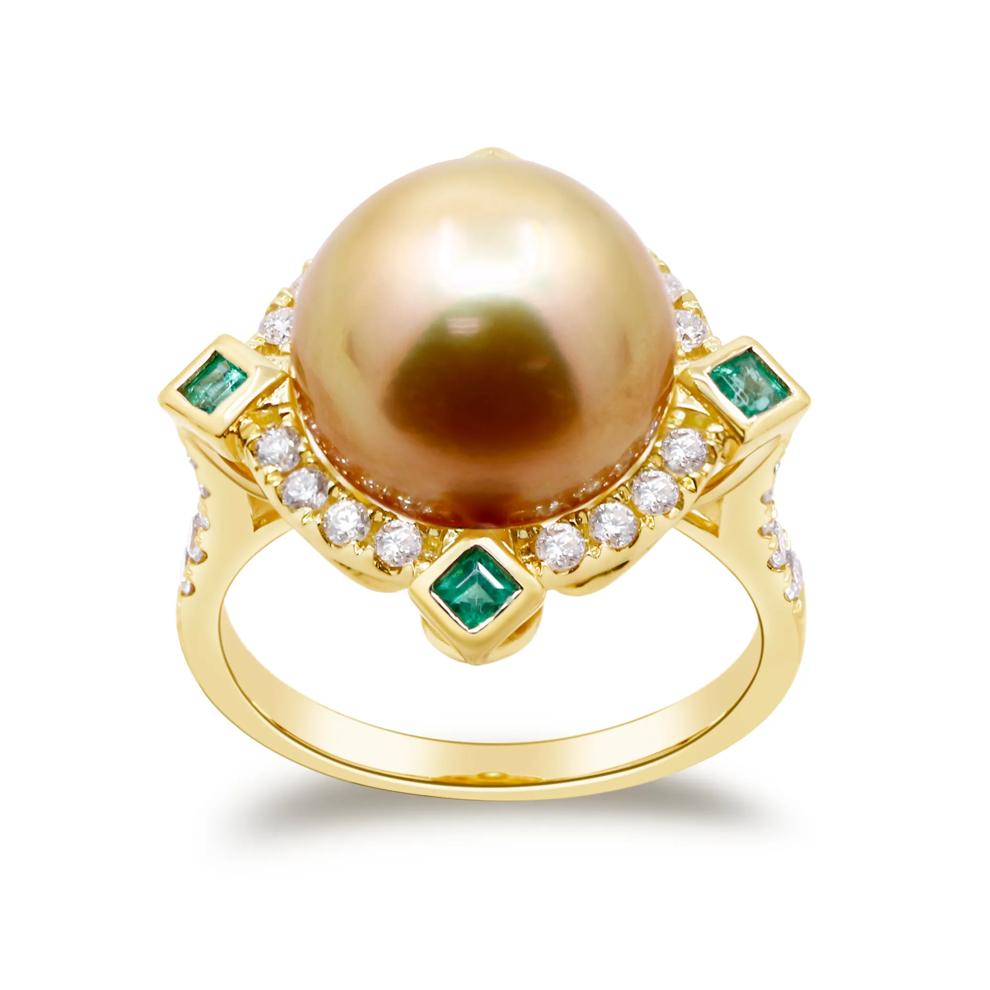 South Sea Pearl, Emerald &amp; Diamond Ring in 14K Yellow Gold (3/8 ct. tw.) – Image 3 of 4