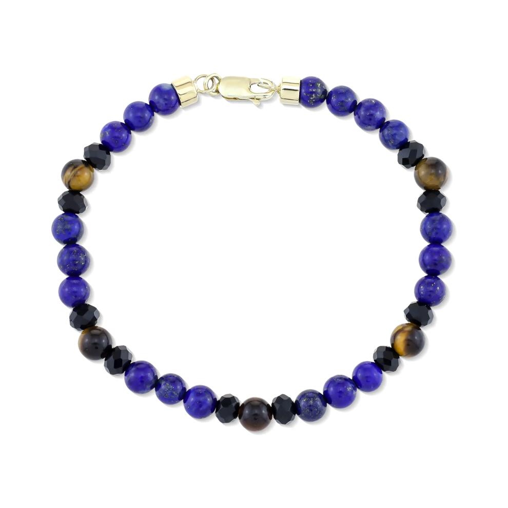 Men's Black Agate, Blue Lapis &amp; Tiger's Eye Bead Bracelet in 10K Yellow Gold, 8" – Image 2 of 2