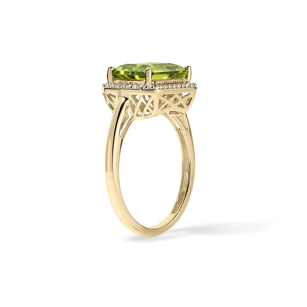 Emerald-Cut Peridot &amp; Diamond Halo Ring in 10K Yellow Gold (1/10 ct. tw.) – Image 3 of 4
