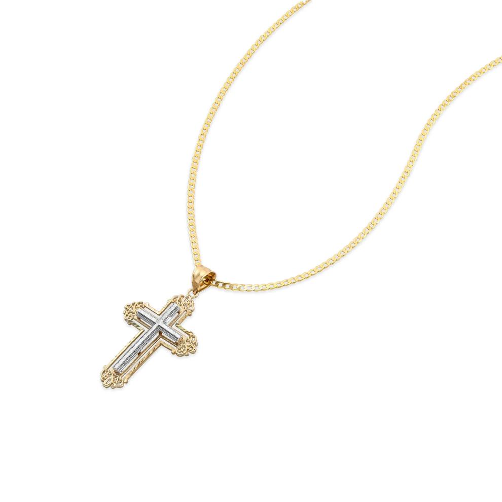 Polished Solid Step Cross Pendant Curb Chain Necklace in 10K Yellow &amp; White Gold – Image 3 of 4