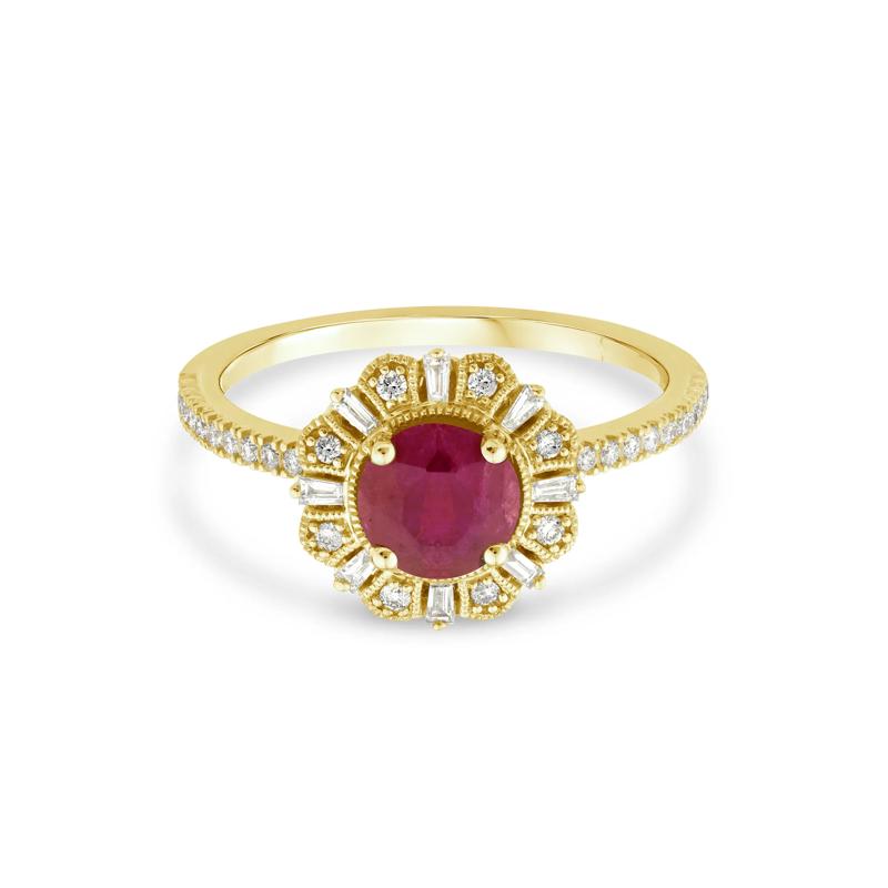 Ruby and Diamond Vintage Halo Ring in 10K Yellow Gold &#40;1/4 ct. tw.&#41; – Image 1 of 3