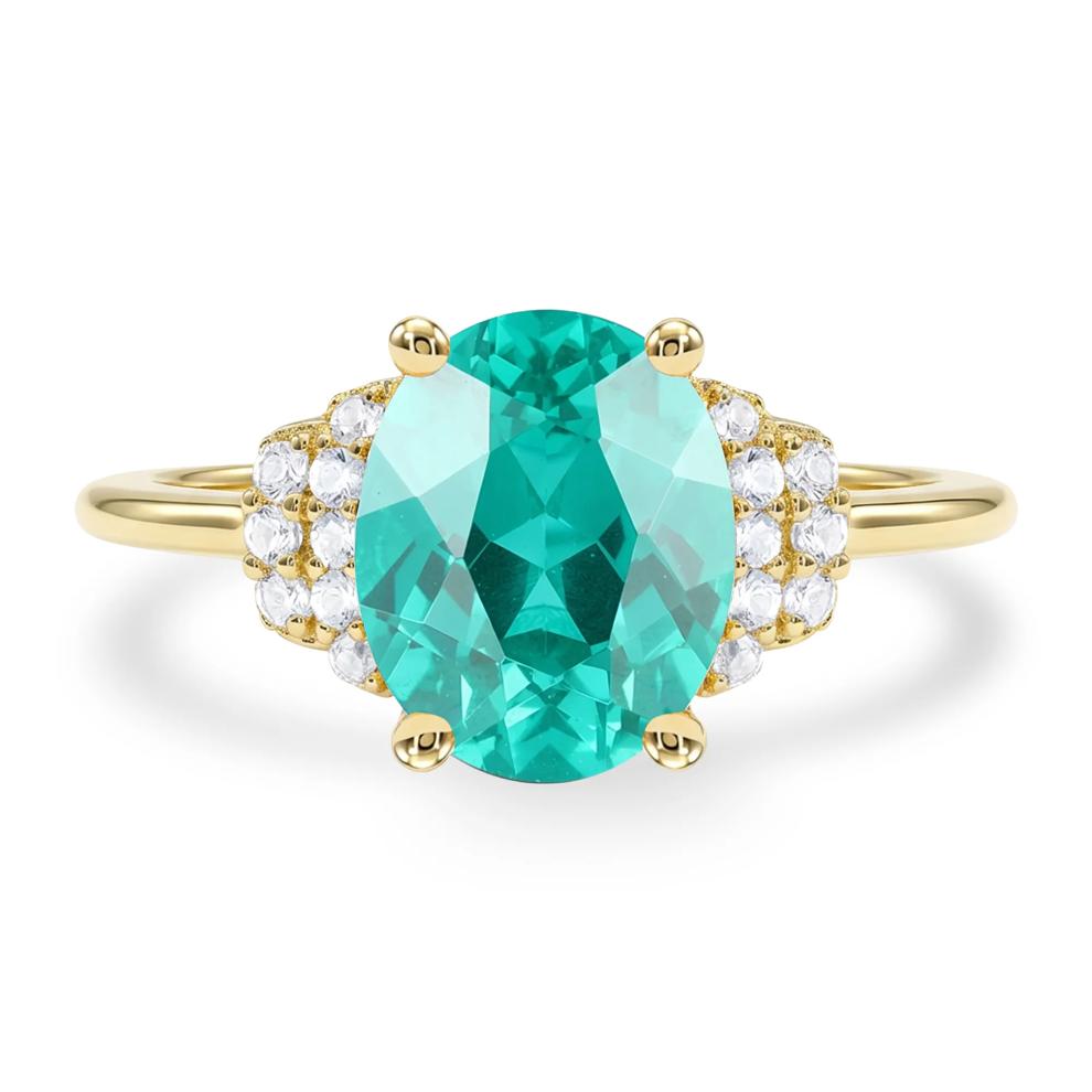Lab-Created Paraiba Tourmaline &amp; Diamond Ring in 10K Yellow Gold (1/7 ct. tw.) – Image 1 of 4
