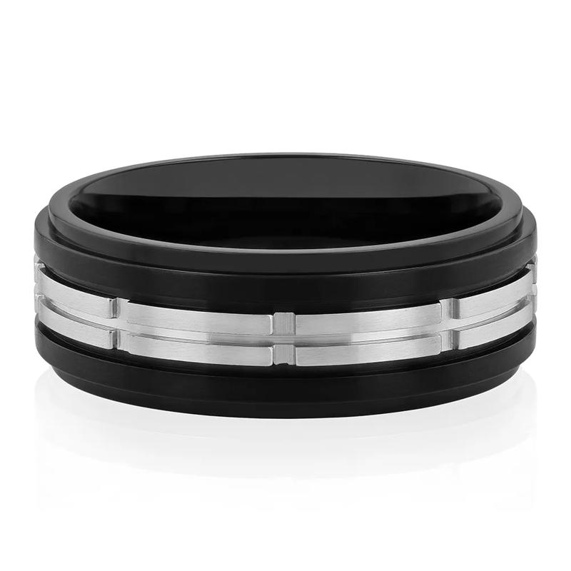 Men&rsquo;s Two-Tone Ring in Black Ion-Plated Stainless Steel, 8mm – Image 1 of 3